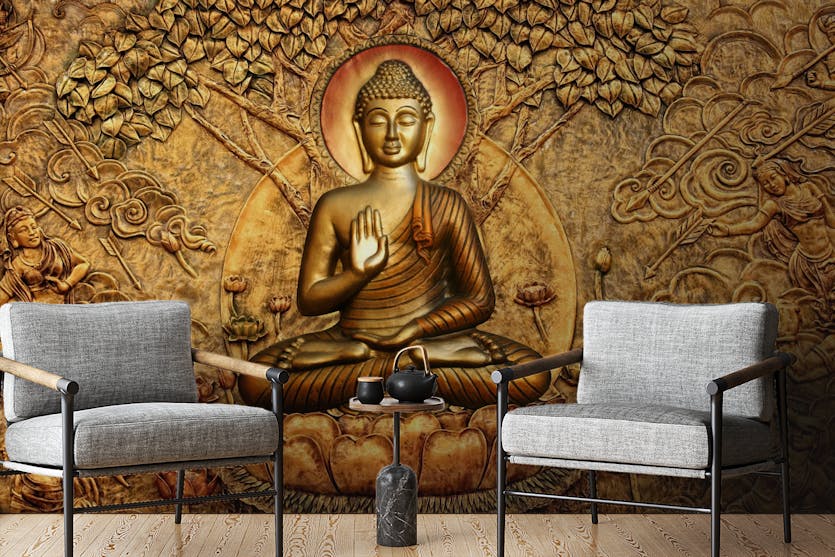 Lord Buddha Golden 3d Wall Murals & 3d Wall Sculptures, For Home