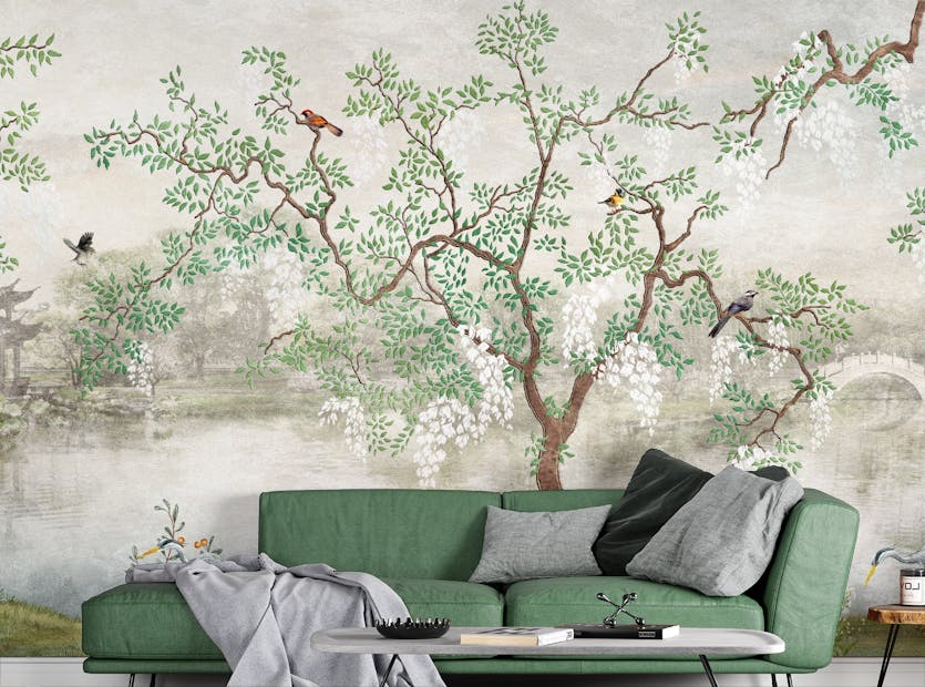 Removable Tree & birds in the Japanese Garden Peel and Stick Wallpaper