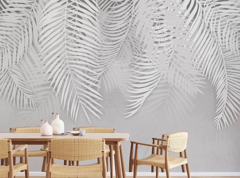 Peel and Stick White Palm Leaves on Concrete Texture Wallpaper Mural