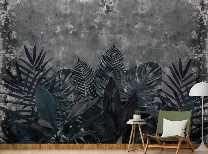 Peel and Stick Dark Rustic Effect Tropical Leaves Wallpaper Murals