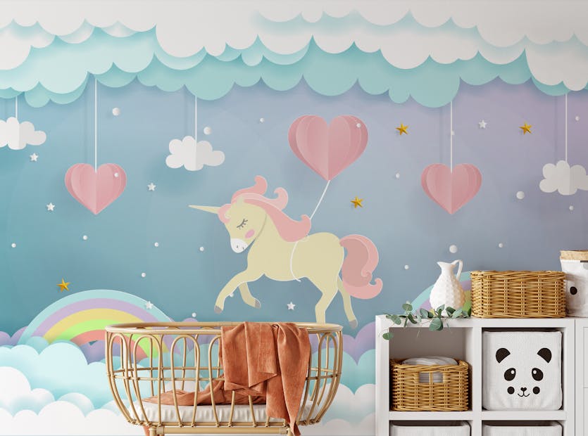 Peel and Stick Running Unicorn with Clouds Wallpaper