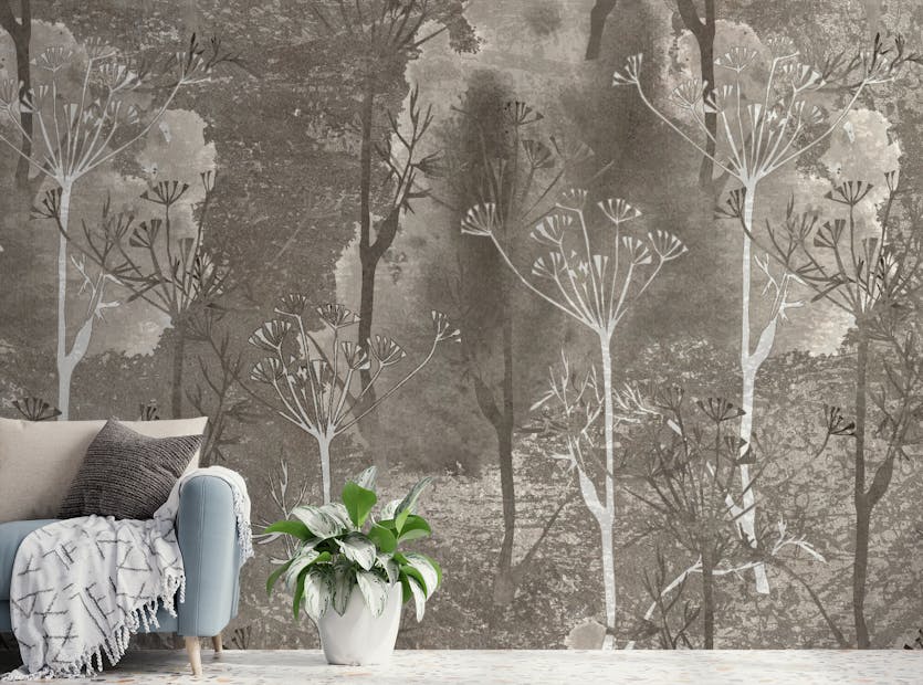 Removable Sepia Gray Colored Abstract Forest Trees Wallpaper Murals