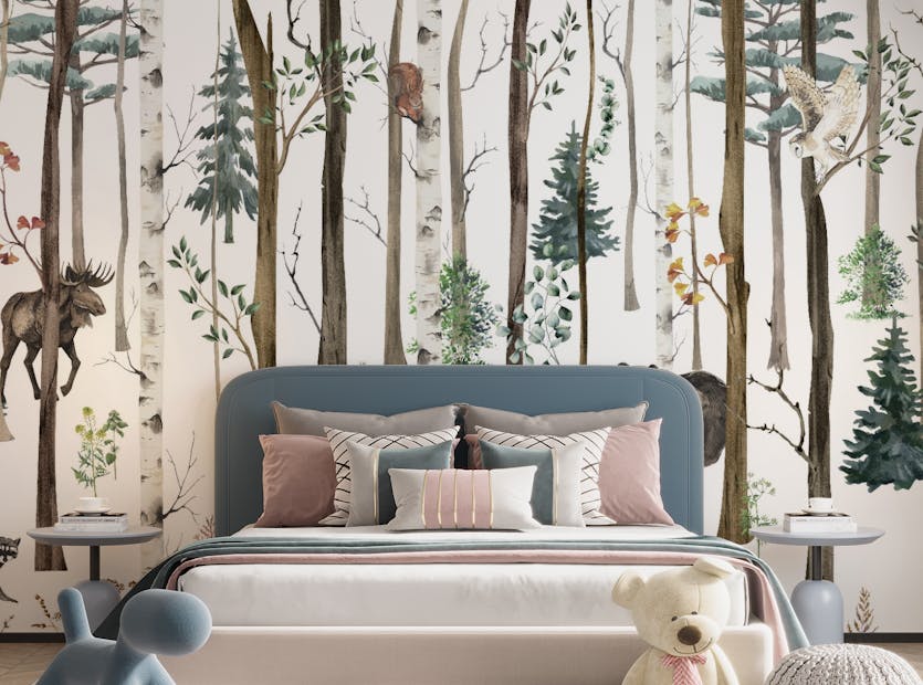 Peel and Stick Fox & Bear in Snow Forest Wallpaper Mural