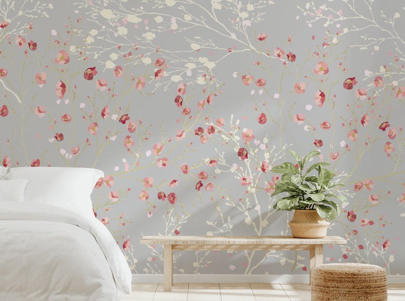 Peel and Stick White and Red Flower wallpaper Mural