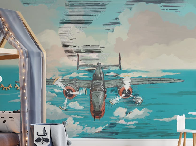 Removable Flying Plane on Blue Ocean Wallpaper