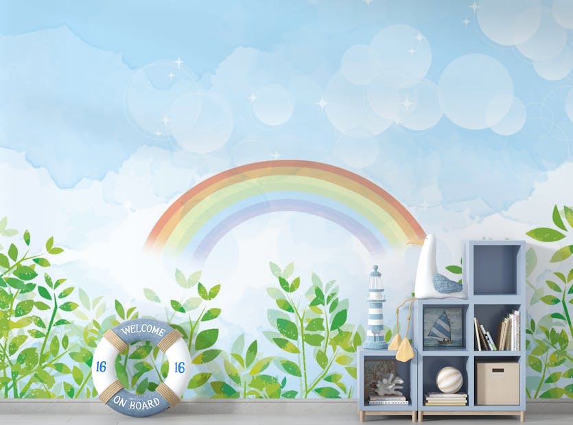 Removable Blue & Green Watercolor Rainbow Kids Wall Mural