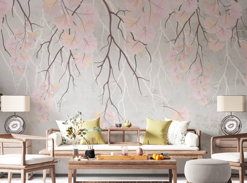 Peel and Stick Hanging Flower Branches on Pink Wallpaper