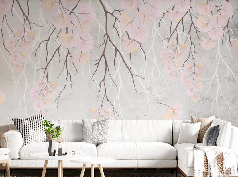 Removable Hanging Flower Branches on Pink Wallpaper