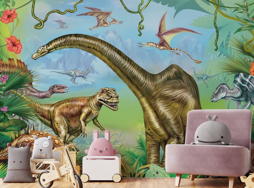 Peel and Stick Vibrant colored Dinosaur World Wallpaper