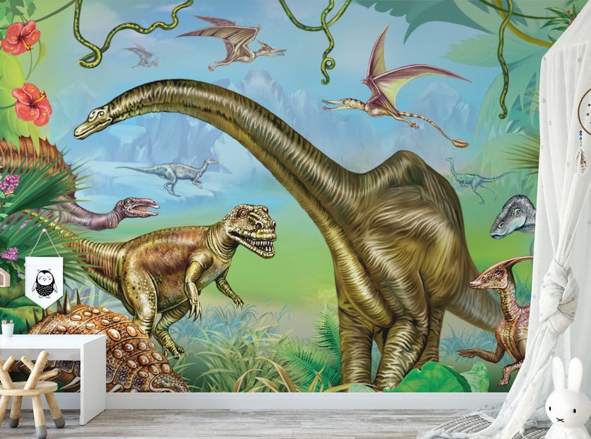 Removable Vibrant colored Dinosaur World Wallpaper