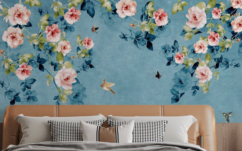 Watercolor Pink Roses on Blue & Green Wallpaper