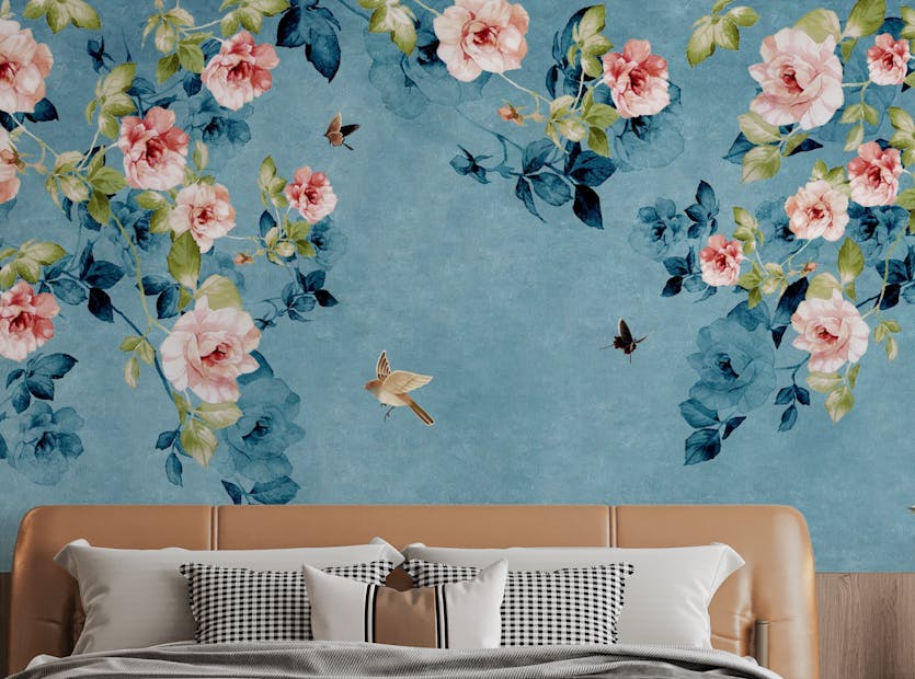 Removable Watercolor Pink Roses on Blue & Green Wallpaper