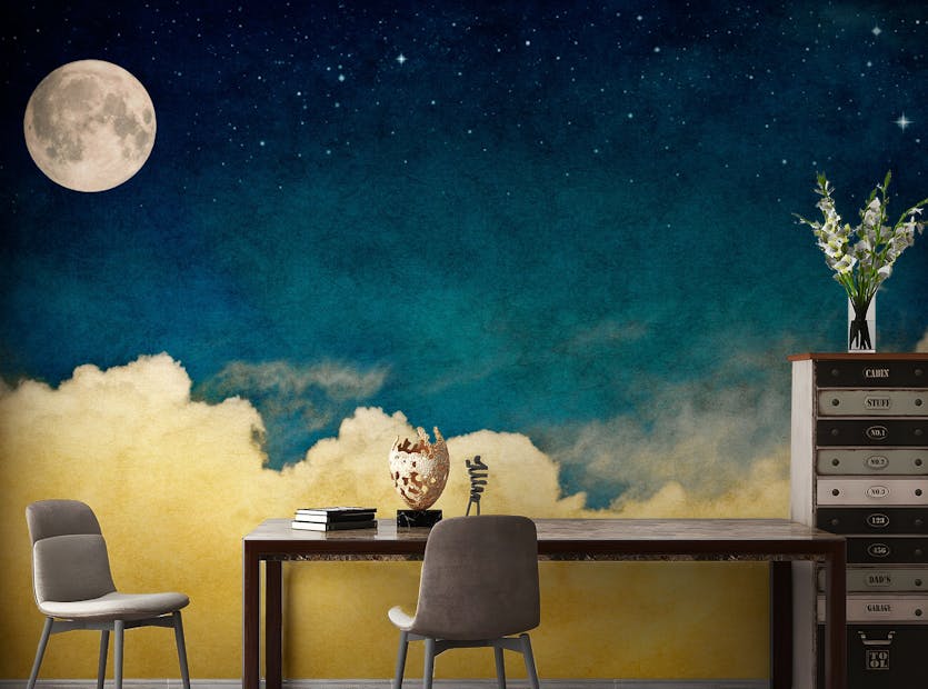 Removable Yellow Cloud with Full Moon Wallpaper