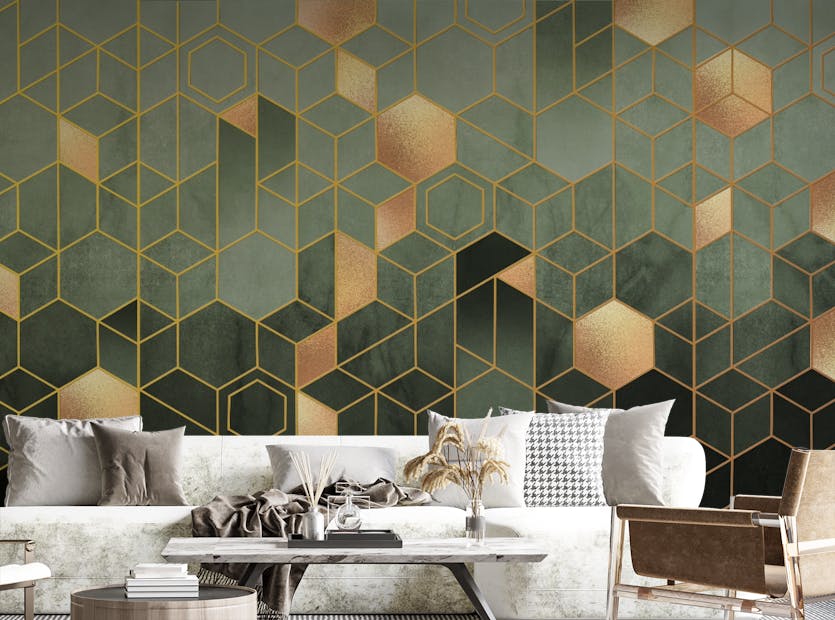 Peel and Stick Hexagonal Ombre Gold Green Color Wallpaper Mural