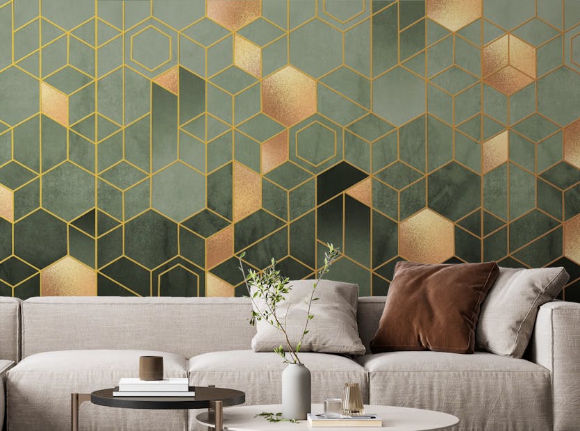Removable Hexagonal Ombre Gold Green Color Wallpaper Mural