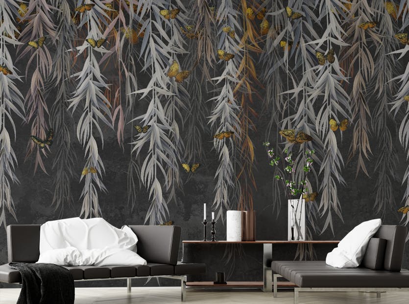 Peel and Stick Golden Butterflies on Hanging Leaves Wallpaper Mural