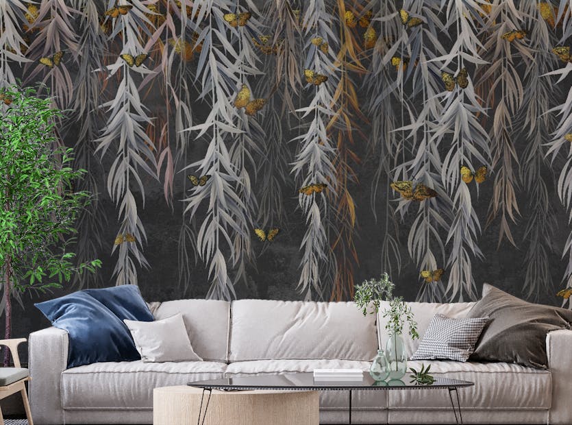 Removable Golden Butterflies on Hanging Leaves Wallpaper Mural
