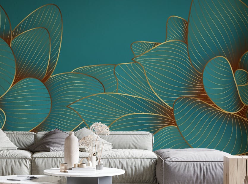 Removable Gold Emerald Lotus Floral Wallpaper Mural