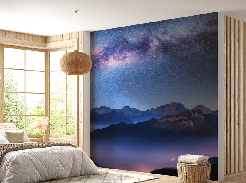 Peel and Stick Blue Milky Way Foggy Hills Stars Wallpaper