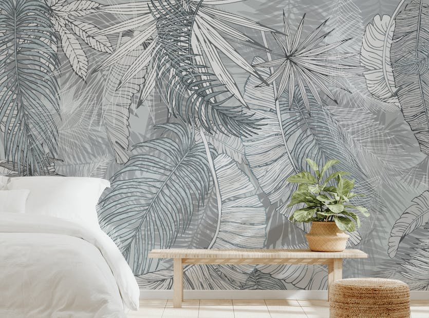 Peel and Stick Grey & White Charcoal Leafy Illustrated Wallpaper Murals
