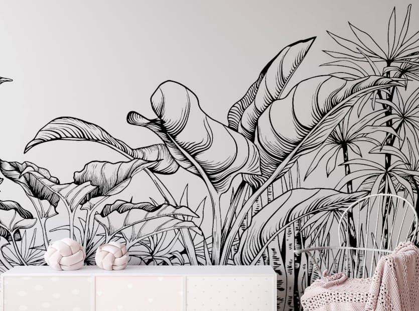 Removable Black & White Big Tropical Leaves Wallpaper Mural