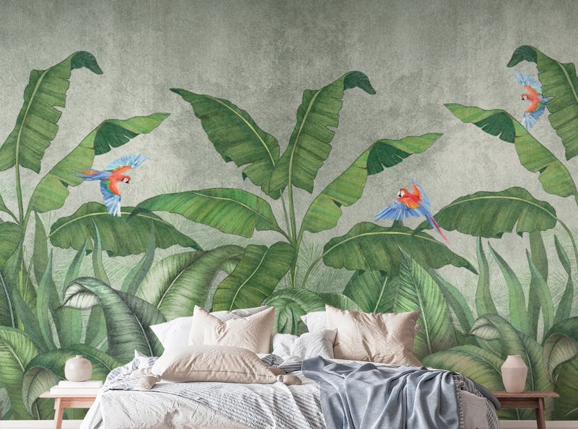 Peel and Stick Green Plantains & Parrots Wallpaper Mural