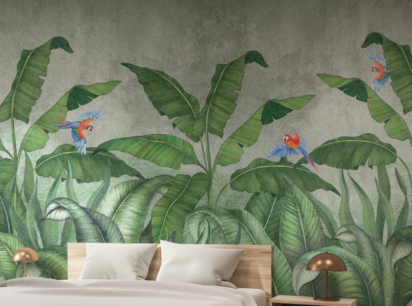 Removable Green Plantains & Parrots Wallpaper Mural