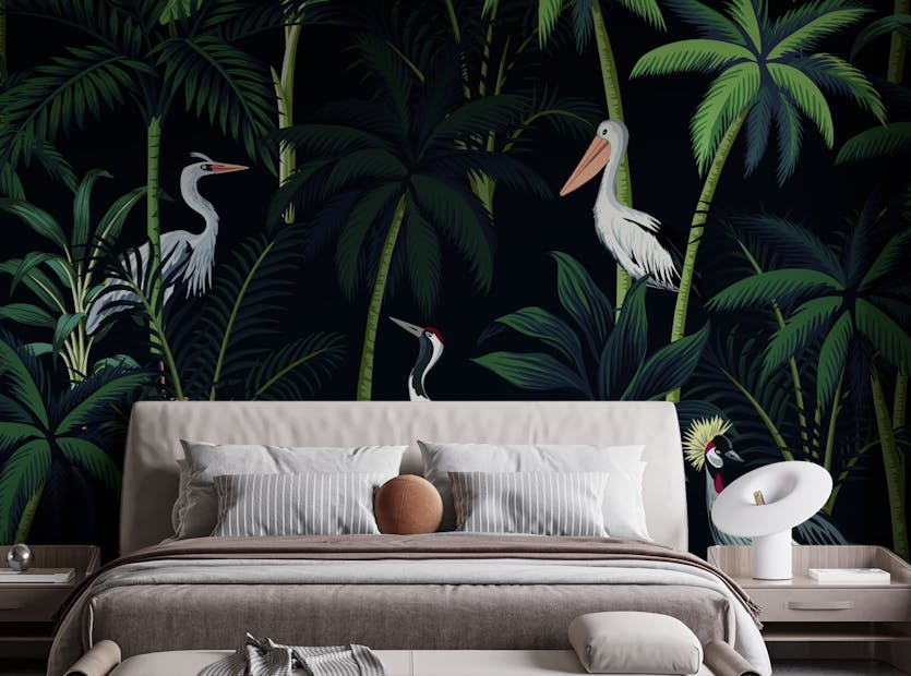 Removable Tropical Birds In Night Sky Wallpaper Mural