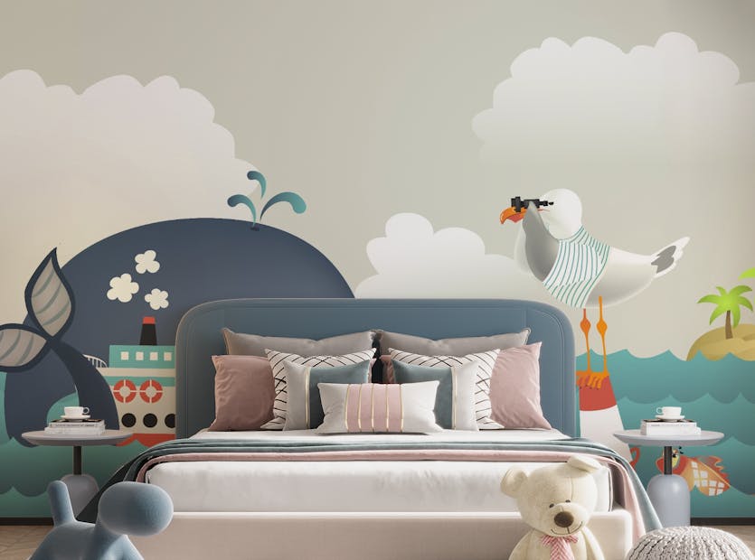 Peel and Stick Whale & Steamer Kids Wallpaper Mural