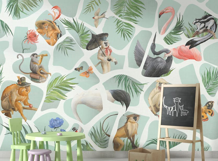 Removable Watercolor Monkey & Birds wallpaper mural