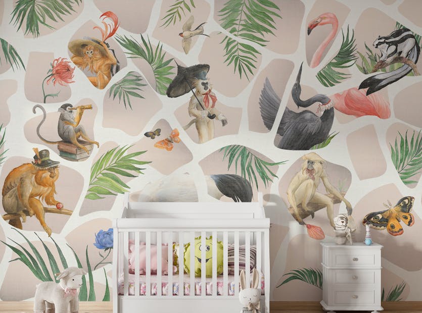 Peel and Stick Watercolor light pink Monkey & Birds wallpaper mural