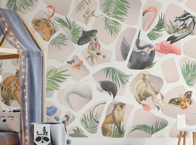 Removable Watercolor light pink Monkey & Birds wallpaper mural