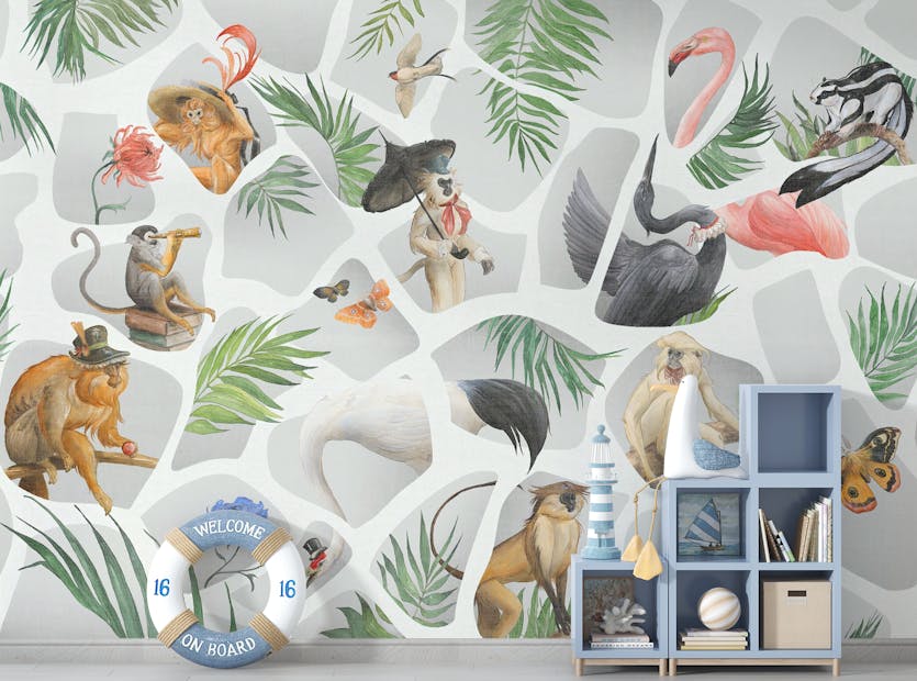 Removable Watercolor gray Monkey & Birds wallpaper mural