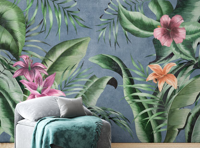 Peel and Stick Blue background Floral Large Green Leaves Wallpaper Mural