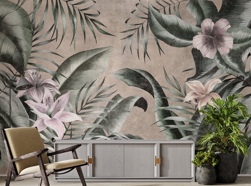 Peel and Stick Gray background Floral Large Green Leaves Wallpaper Mural