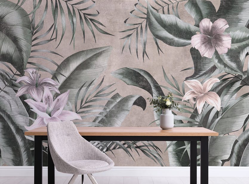 Removable Gray background Floral Large Green Leaves Wallpaper Mural