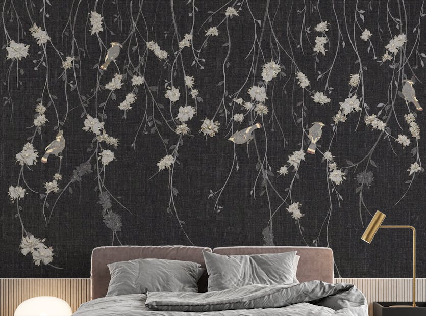 Peel and Stick Beautiful Dark Black Flowers & Birds Wallpaper Mural