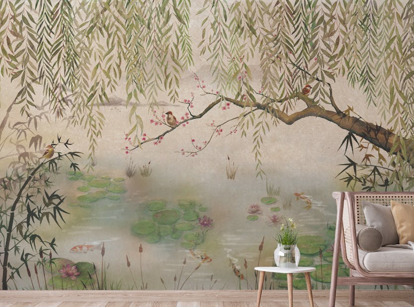 Peel and Stick Green Hanging Leaves and Birds Wallpaper Murals