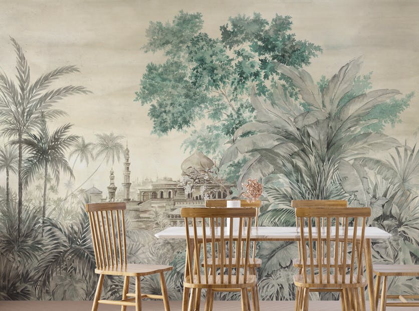 Removable Beige Watercolor Dining Jungle Wallpaper Mural