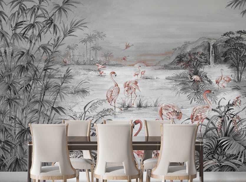 Peel and Stick Black and White Watercolor Tropicano Flamingos Wallpaper Mural