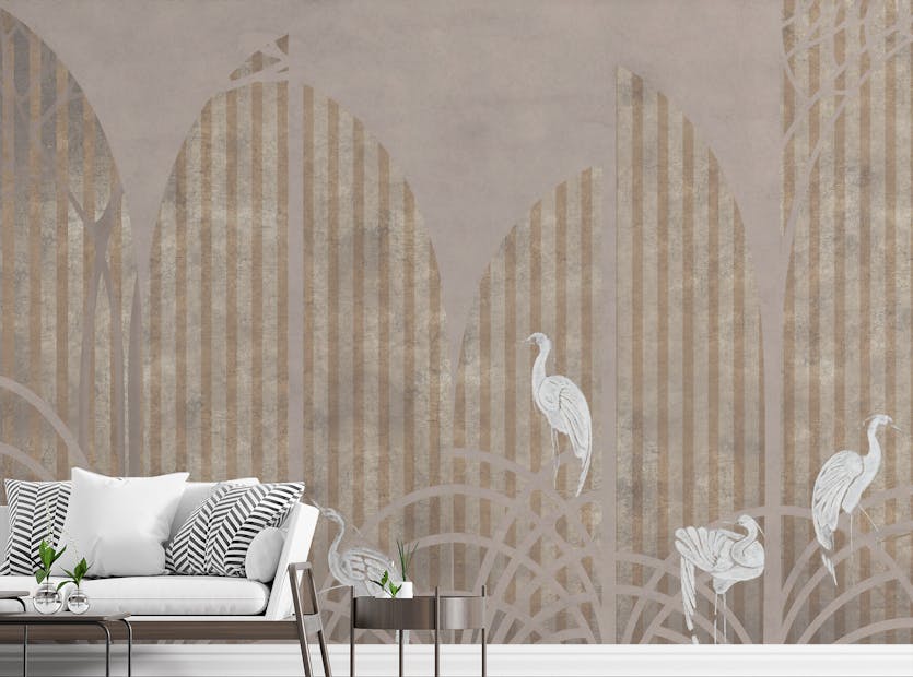 Removable Art Deco Golden Striped Pattern White Crane Wall Murals