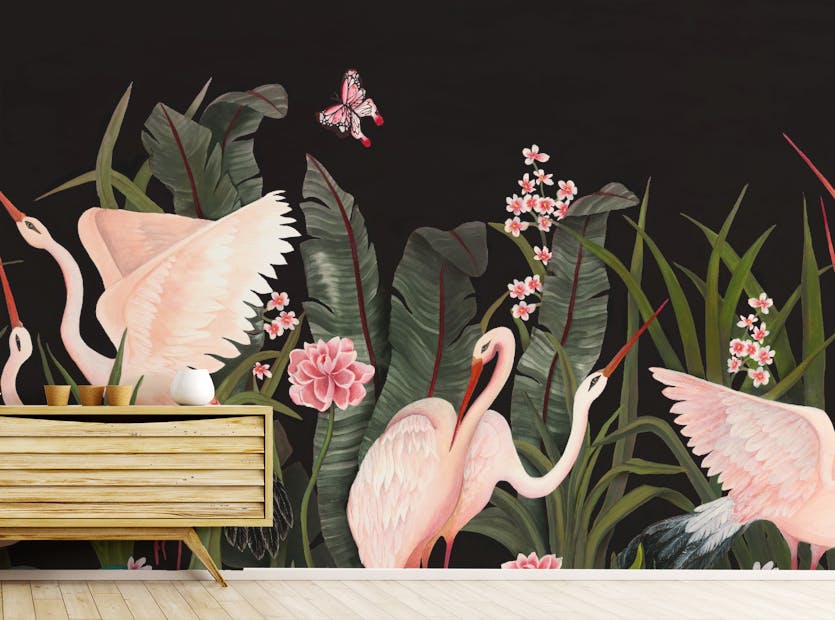 Peel and Stick Big Banana Leaves Pink Crane Birds Wallpaper Mural