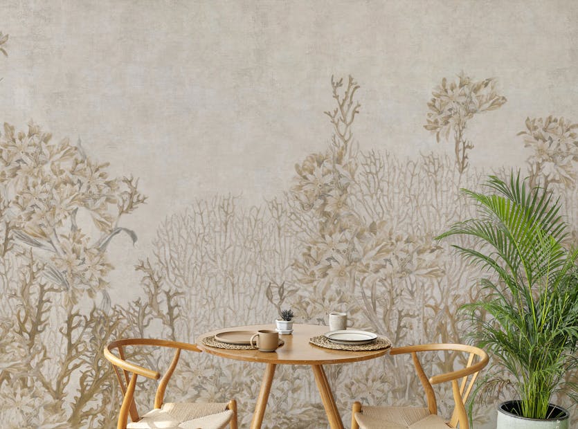 Peel and Stick Monochromatic Sepia Flowers Dining Room Wallpaper Mural