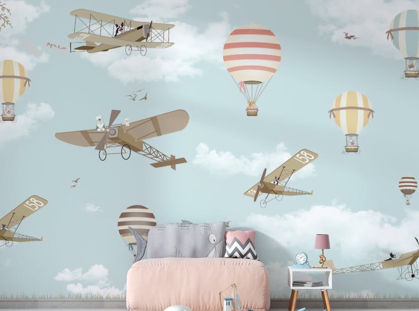 Peel and Stick Up Up and Away Hot Air and Planes Kids Room Wallpaper