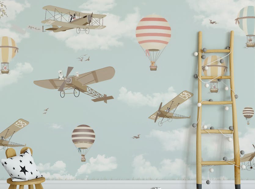 Removable Up Up and Away Hot Air and Planes Kids Room Wallpaper