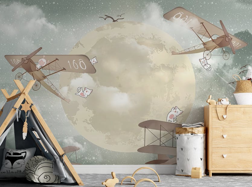 Peel and Stick Sky Dreams Moonlight Airplanes Kids Wallpaper Murals