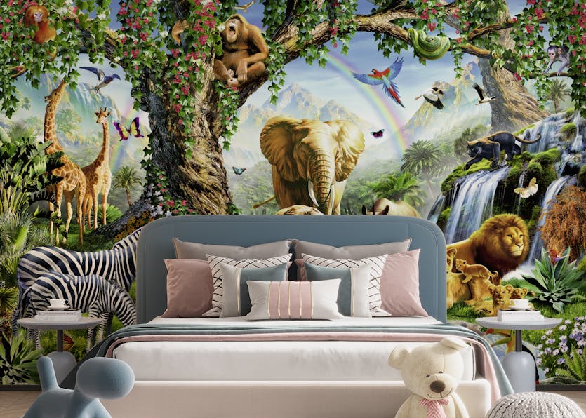 Peel and Stick Colorful Jungle Wildlife Parade Wall Mural