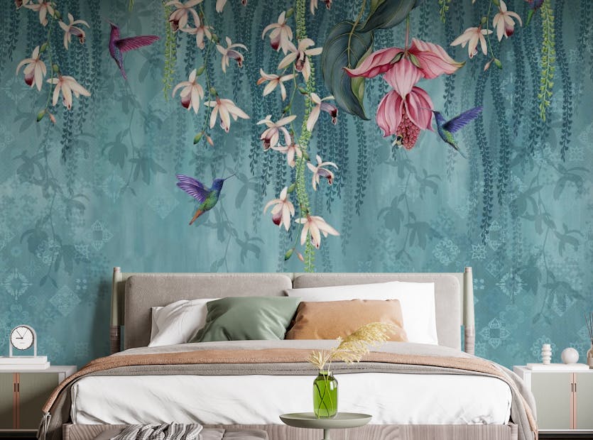 Peel and Stick Turquoise Blooming Flowers Wallpaper Mural