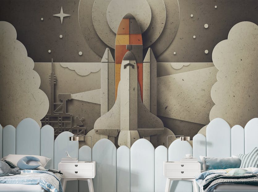 Peel and Stick Galactic Journey Retro Space Rocket Wallpaper Mural