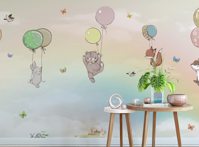Peel and Stick Flying Animals With Balloons Rainbow Kids Room Wallpaper